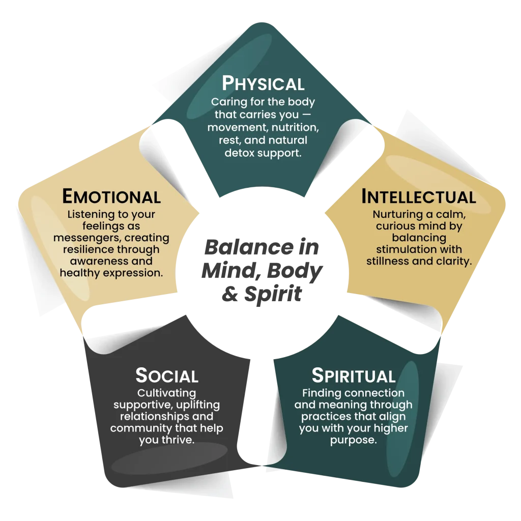 Diagram of the five areas of holistic health — physical, emotional, intellectual, spiritual, and social — shown as petals of a flower with each labeled and described.